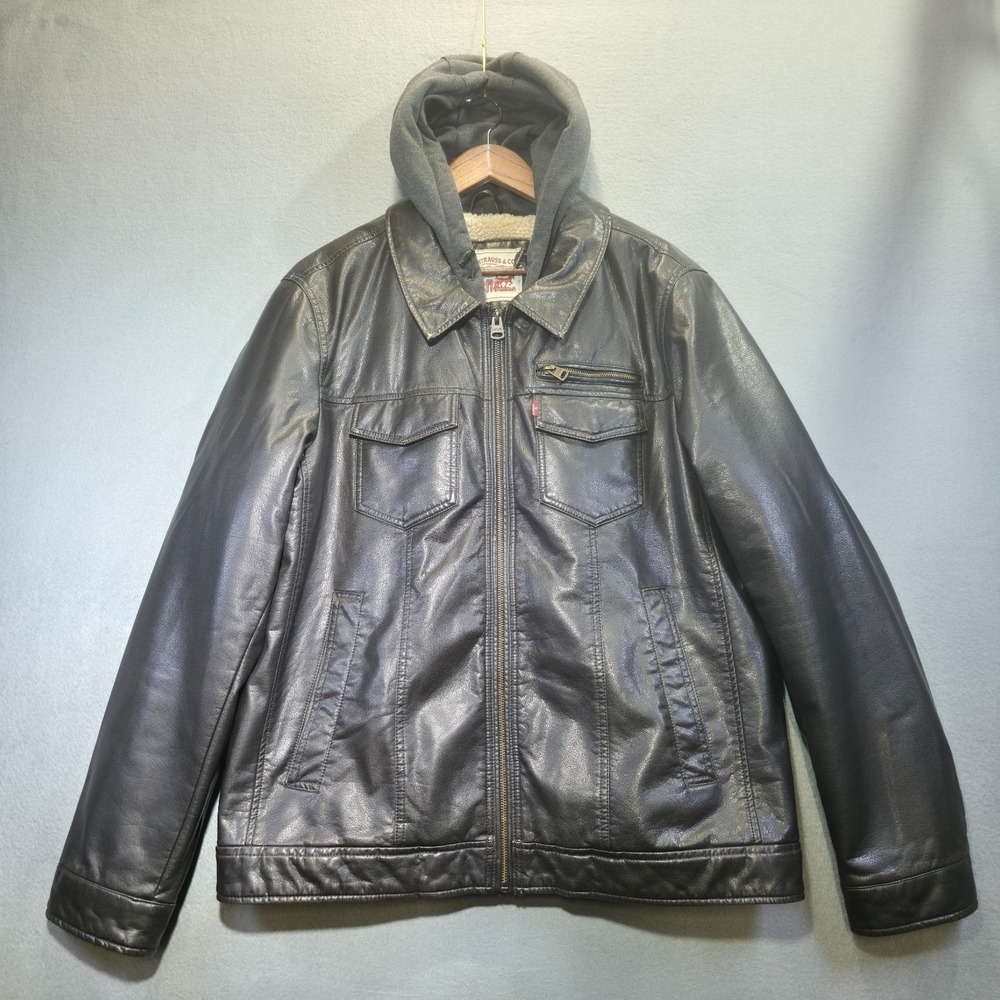 Levi Men's Sherpa Lined Faux Leather Bomber Jacket Hooded Size XL